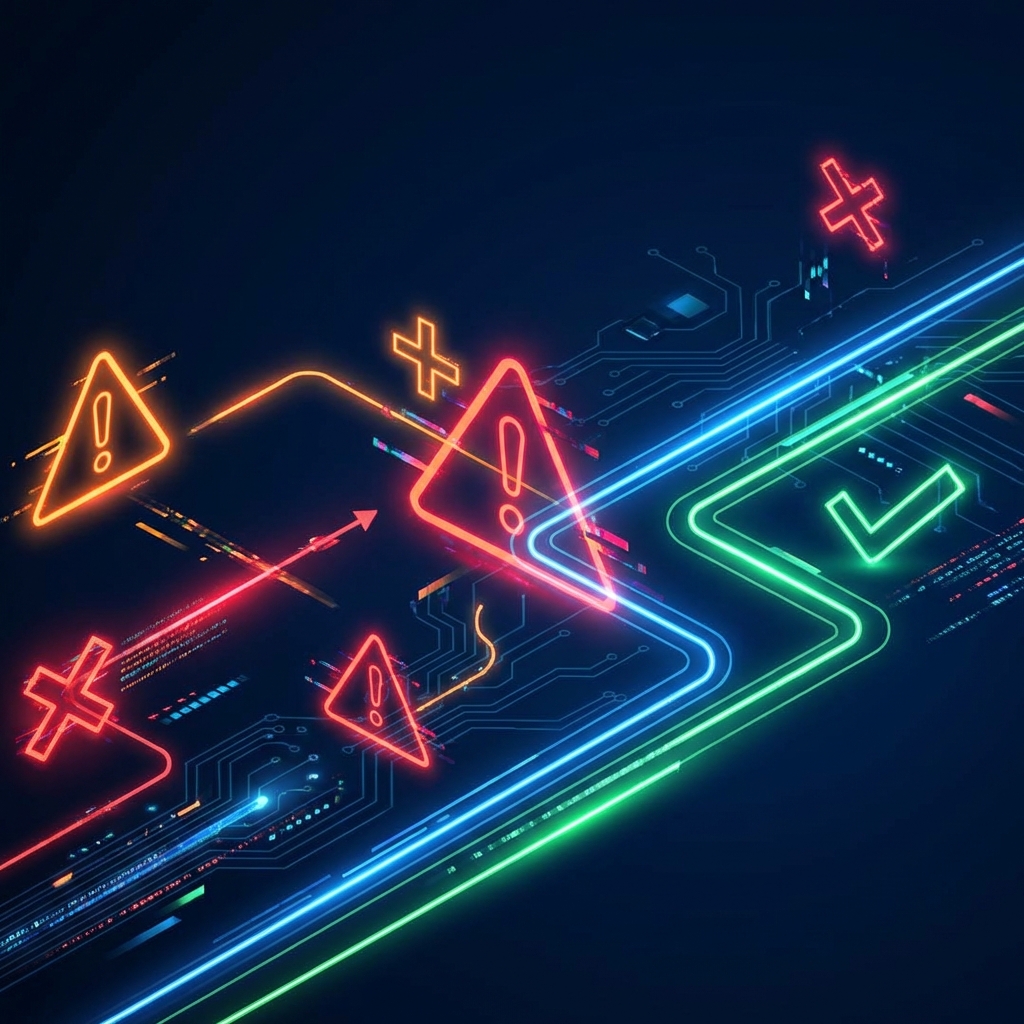 Warnsymbole und Fehlerpfade versus korrekte Lösungswege in Neon-Rot, Orange und Grün auf dunklem Tech-Hintergrund