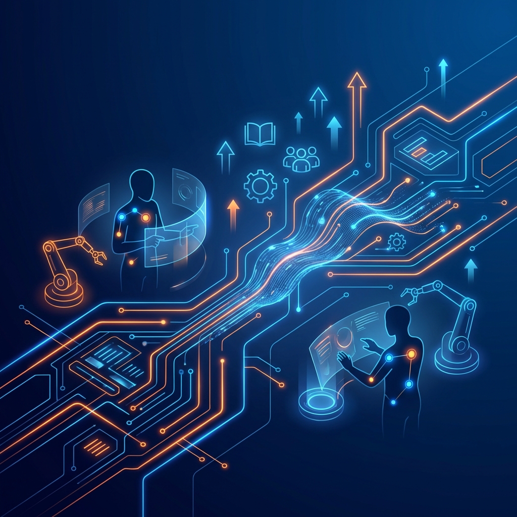 Zukunft der Arbeit mit KI - menschliche Silhouetten arbeiten mit KI, Skill-Entwicklung und digitale Transformation in leuchtenden Farben