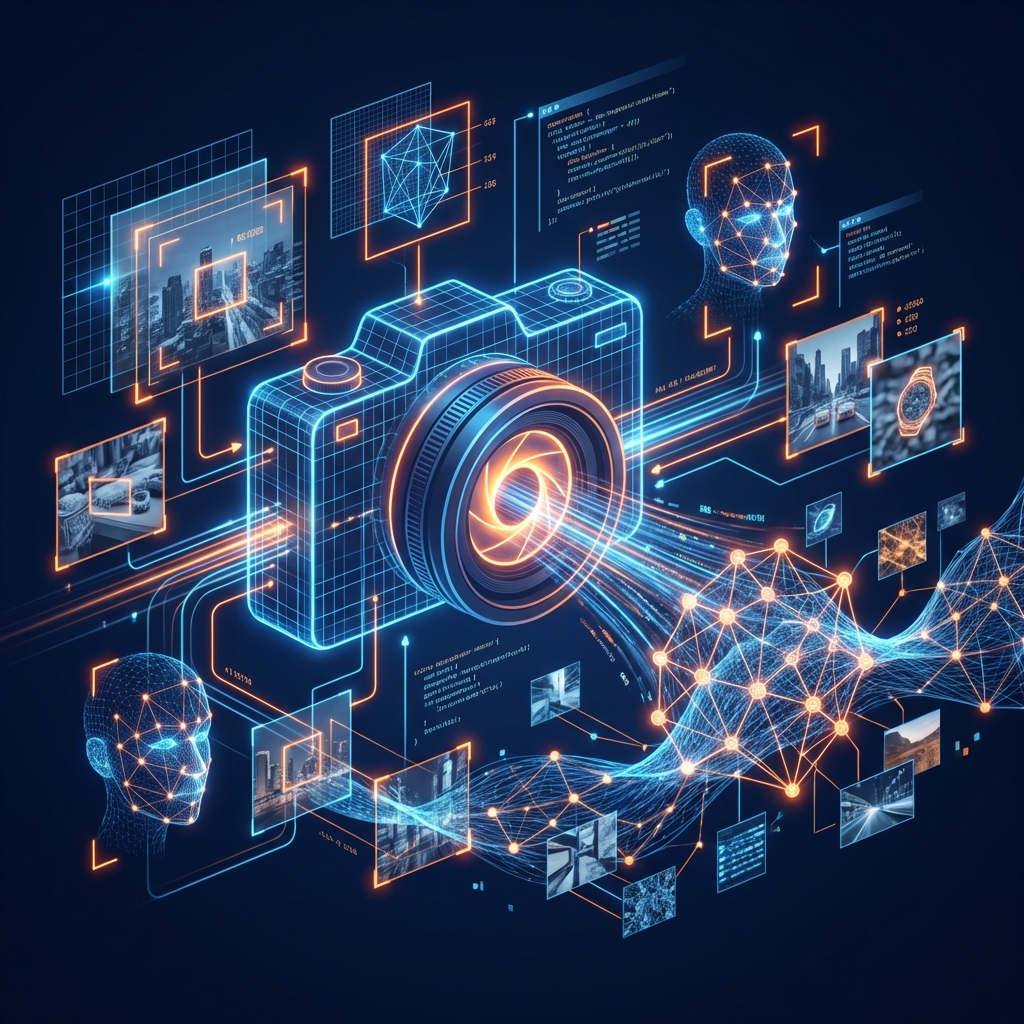 Computer Vision und KI-Bilderkennung mit Kamera-Linsen, Bildverarbeitungs-Grids, Objekterkennung und neuronalen Netzwerken