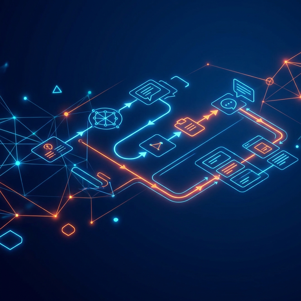 KI-Chatbot-Entwicklung mit Conversational-AI-Architektur, NLP-Verarbeitung, Dialog-Flows und Intent-Erkennung in modernem Design