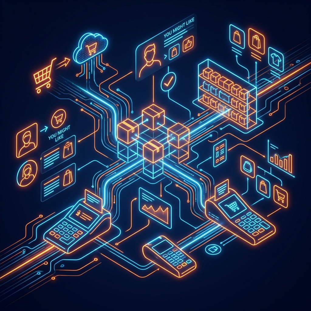 KI im Einzelhandel mit Warenkörben, Personalisierungs-Symbolen, Bestandsmanagement und Kundenanalyse in modernem Tech-Design