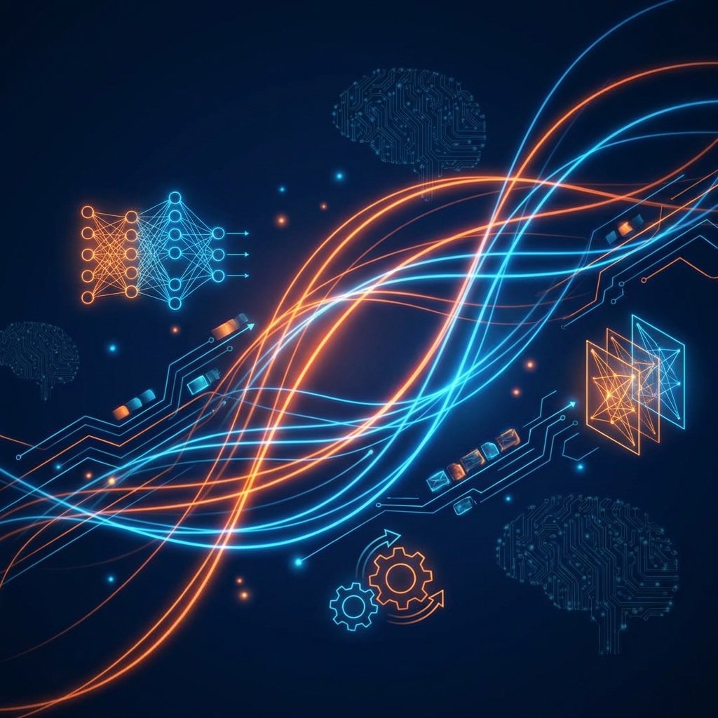KI-Grundlagen visualisiert mit neuronalen Netzwerk-Schichten, Machine-Learning-Symbolen und Algorithmus-Flows in verständlichem Design