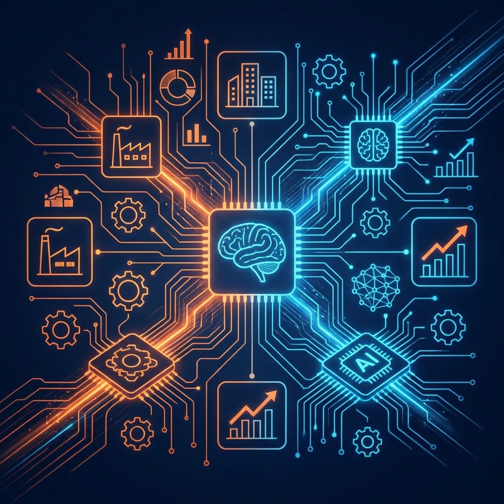 KI-Integration im Mittelstand mit Fabrik-Icons, Bürogebäuden und Wachstumscharts in modernem Tech-Design