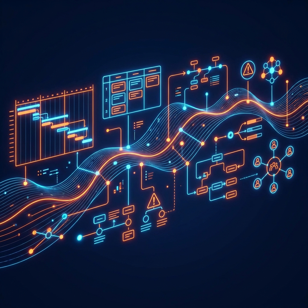 KI-gestütztes Projektmanagement mit Gantt-Charts, Task-Boards, Timeline-Flows und Ressourcenplanung in futuristischem Design
